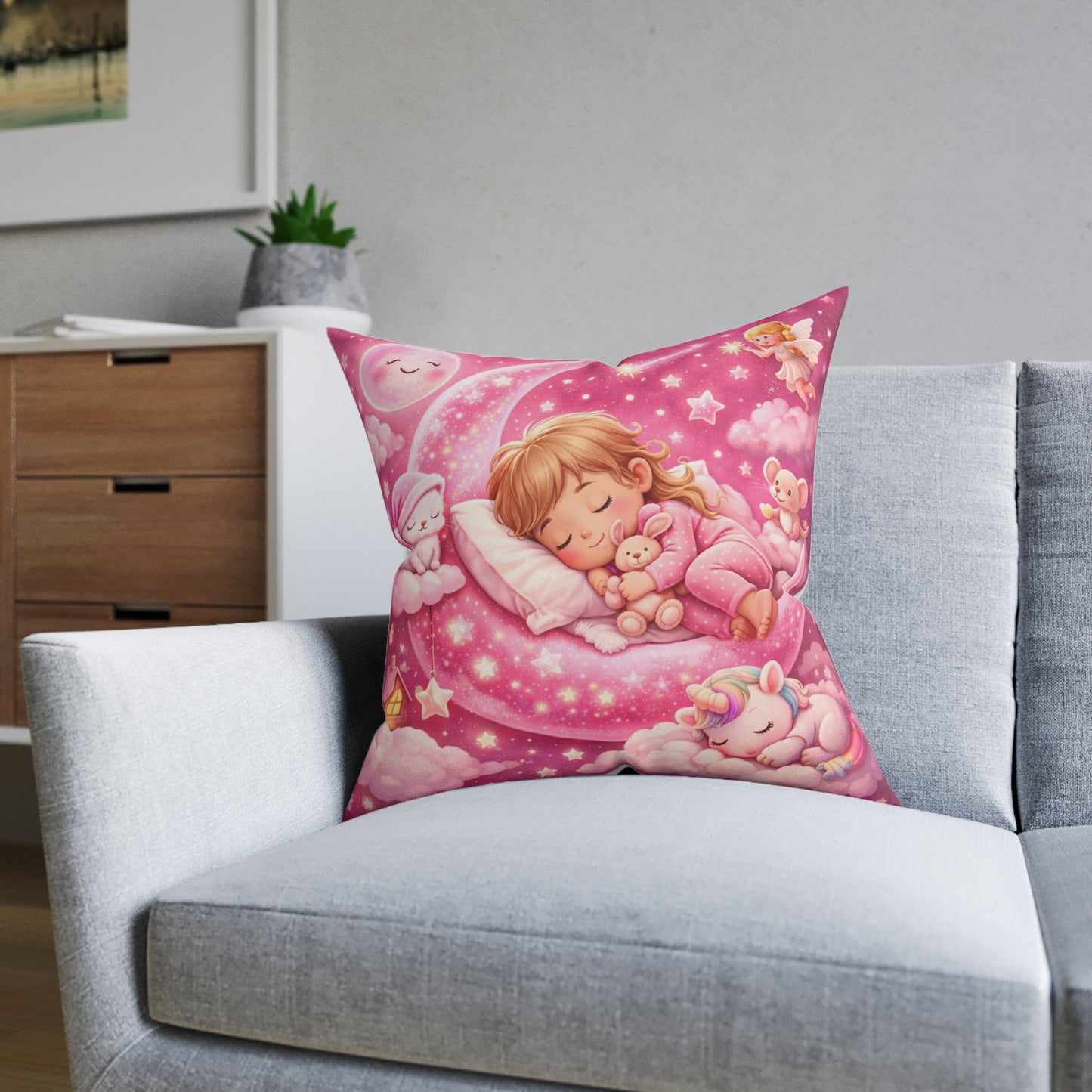 Sleeping Girl on Moon Pillow | Pink Nursery Decorative Pillow