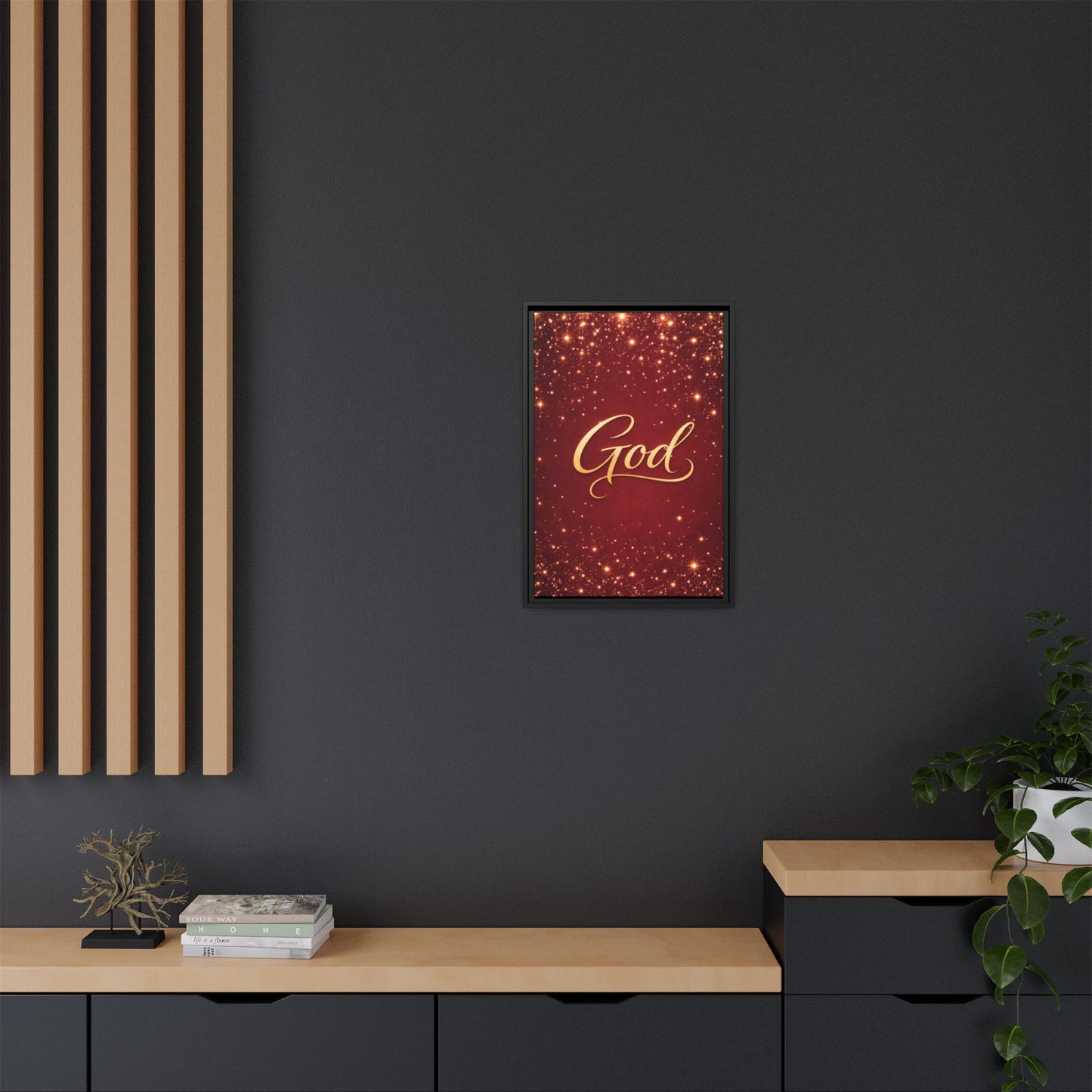 Framed Canvas Wall Art - "God" Gold Script on Red Sparkle Background