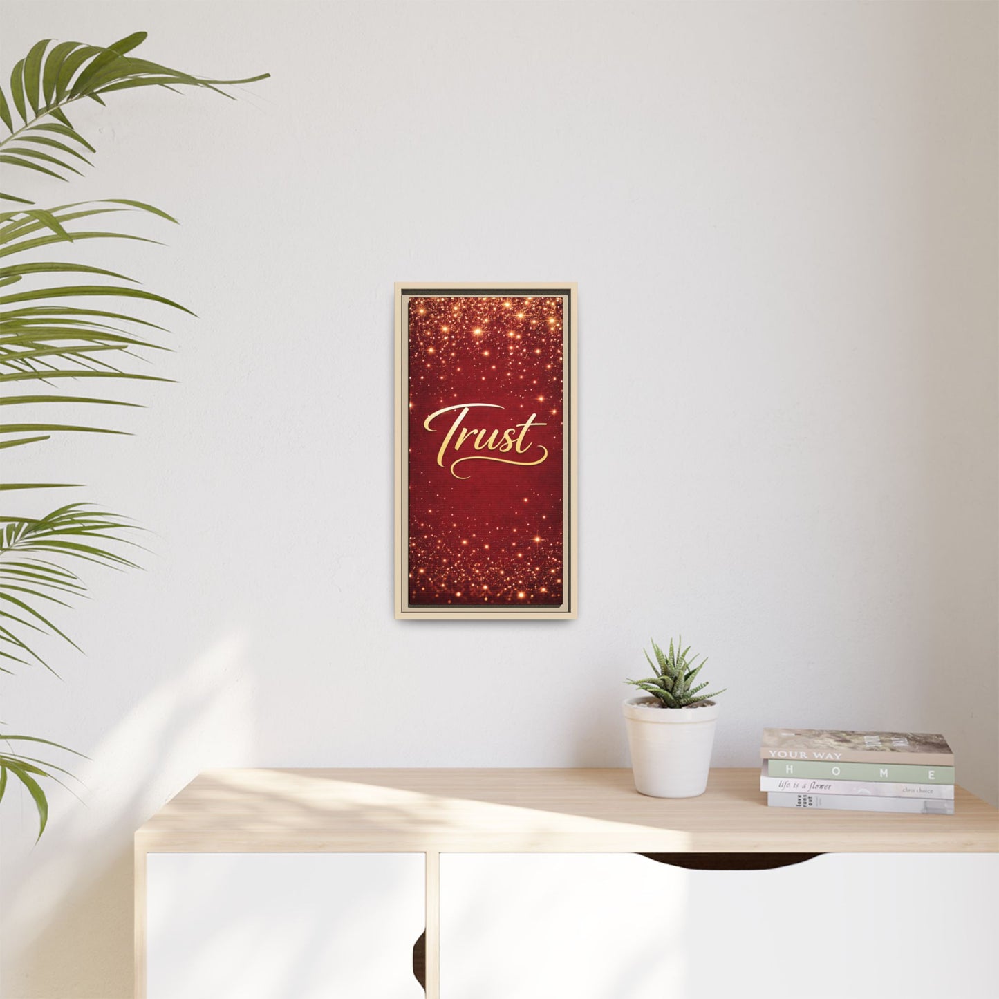 Trust Framed Canvas Wall Art — Gold Script on Sparkling Red Matte