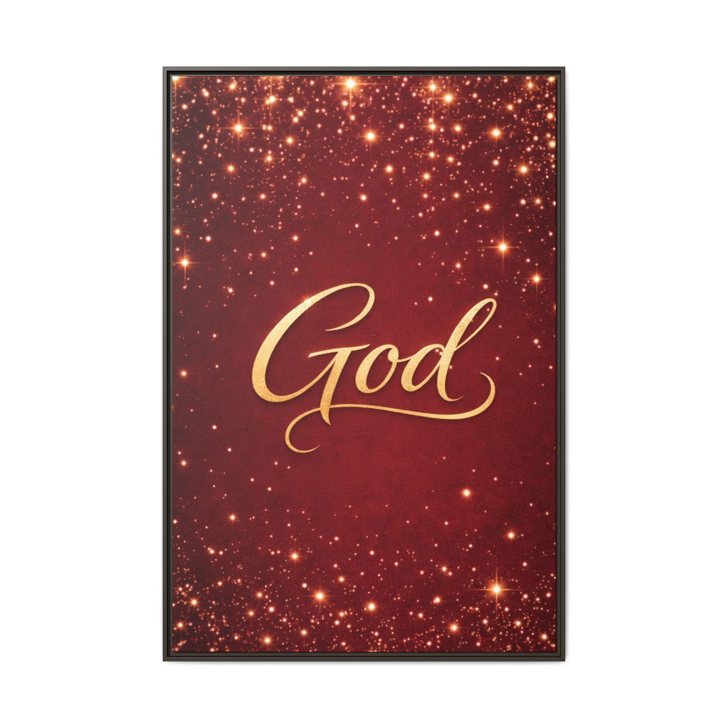 Framed Canvas Wall Art - "God" Gold Script on Red Sparkle Background