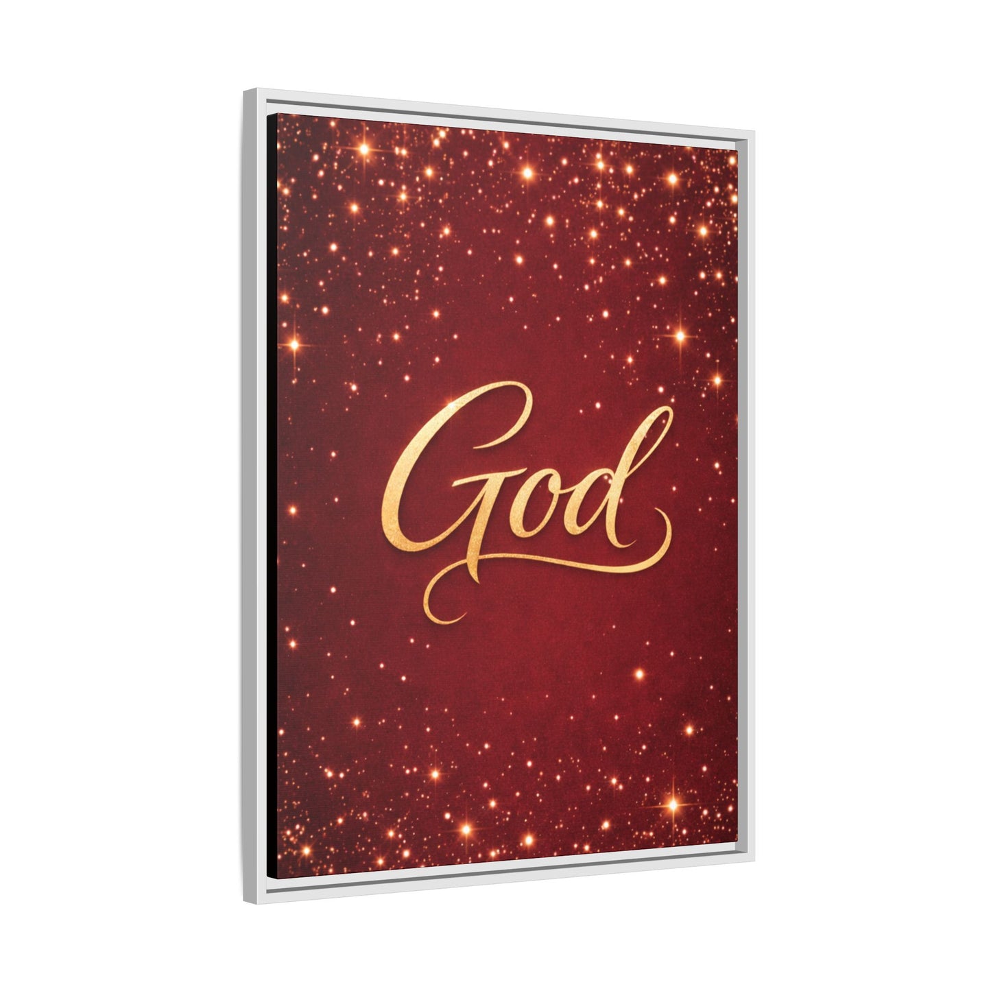 Framed Canvas Wall Art - "God" Gold Script on Red Sparkle Background