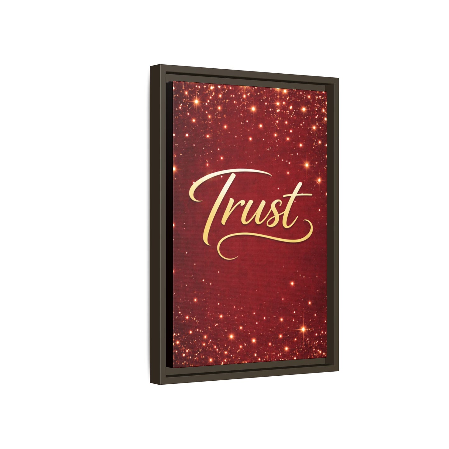 Trust Framed Canvas Wall Art — Gold Script on Sparkling Red Matte