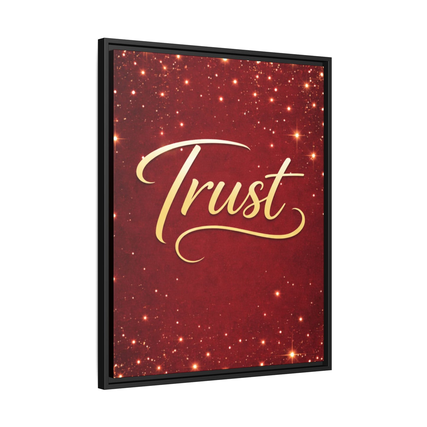 Trust Framed Canvas Wall Art — Gold Script on Sparkling Red Matte