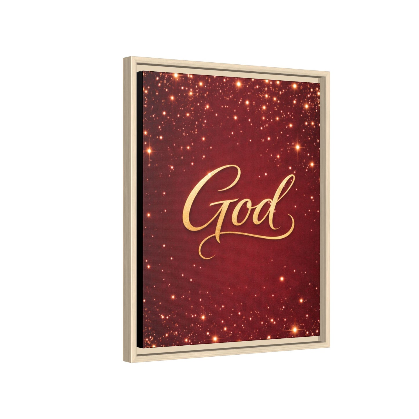 Framed Canvas Wall Art - "God" Gold Script on Red Sparkle Background