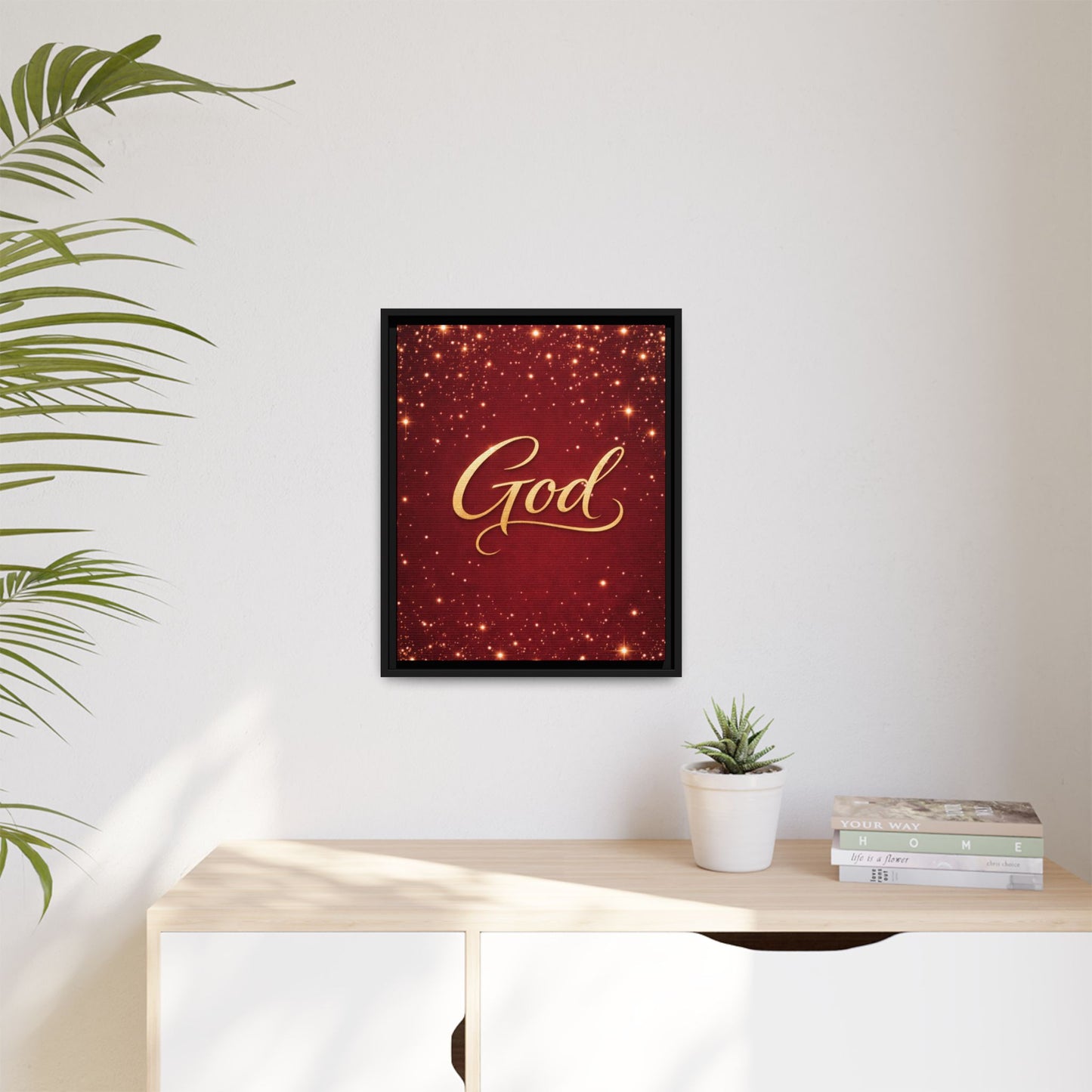 Framed Canvas Wall Art - "God" Gold Script on Red Sparkle Background