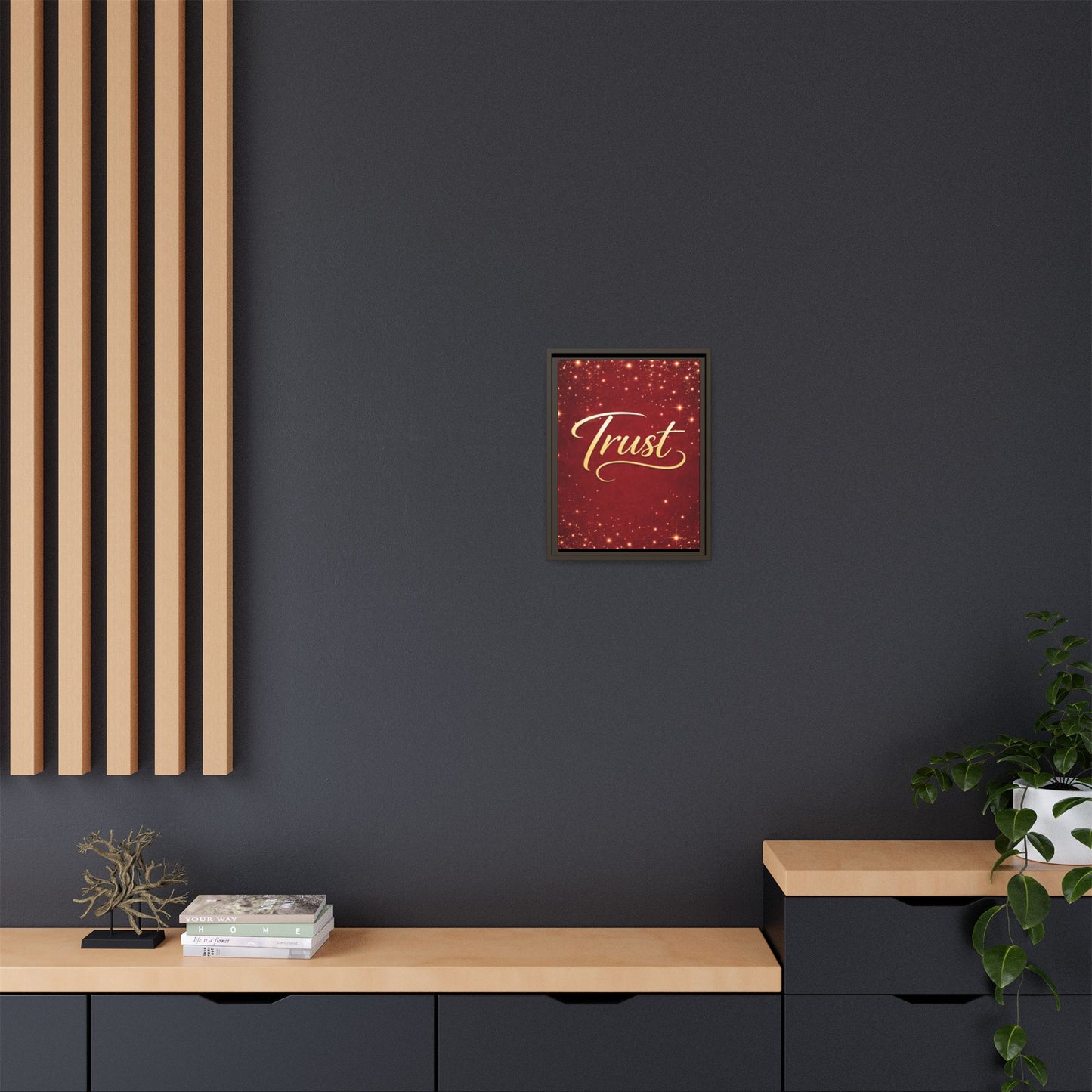 Trust Framed Canvas Wall Art — Gold Script on Sparkling Red Matte