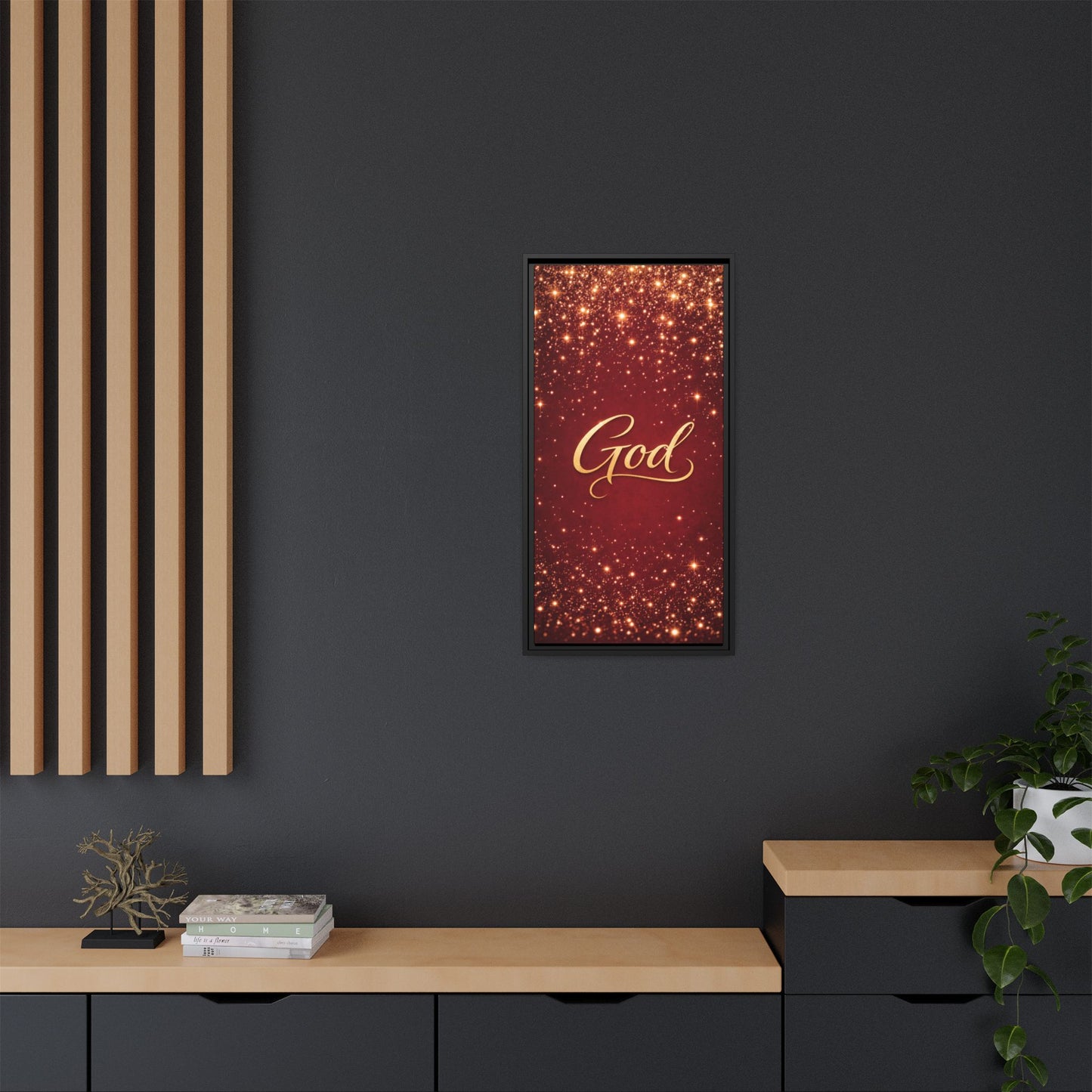 Framed Canvas Wall Art - "God" Gold Script on Red Sparkle Background