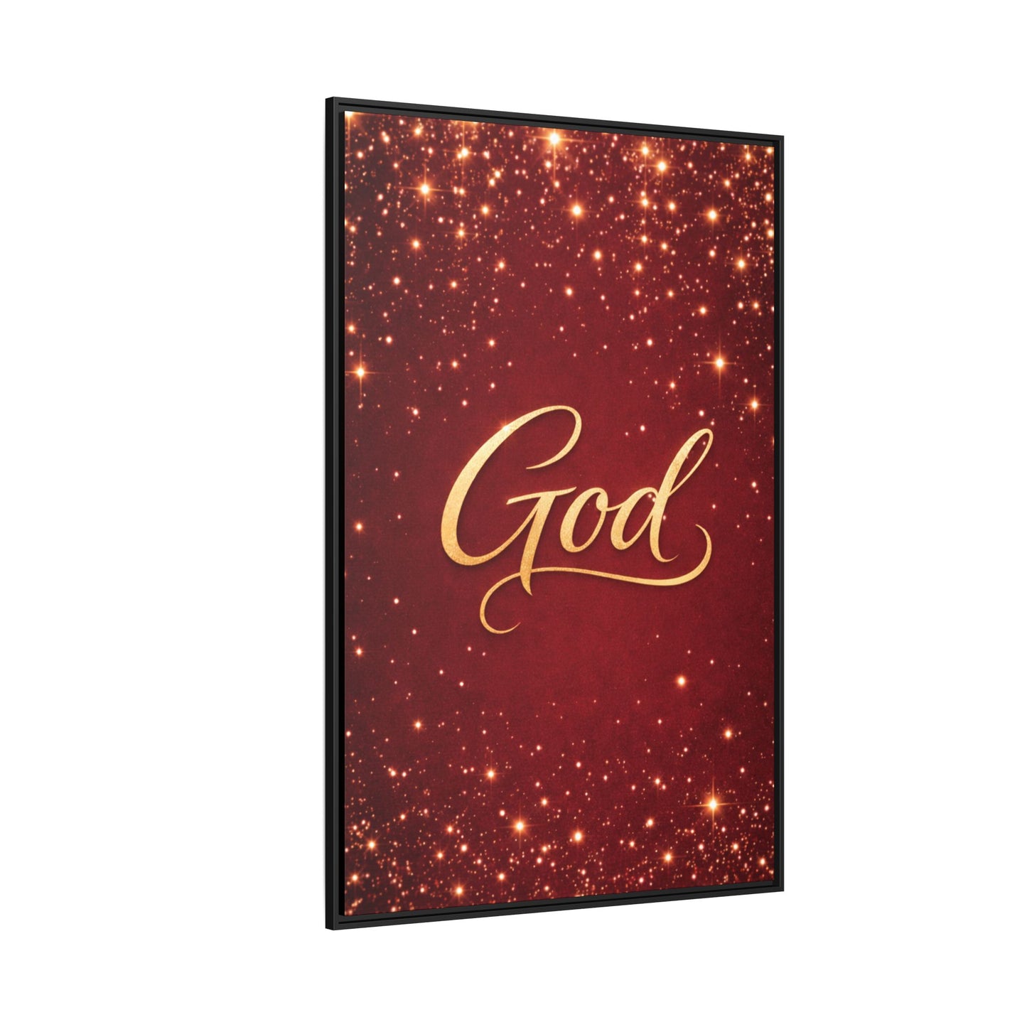 Framed Canvas Wall Art - "God" Gold Script on Red Sparkle Background