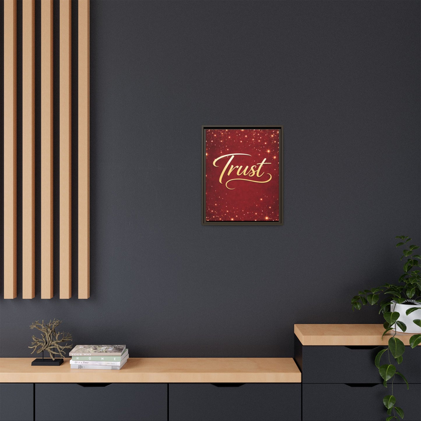 Trust Framed Canvas Wall Art — Gold Script on Sparkling Red Matte