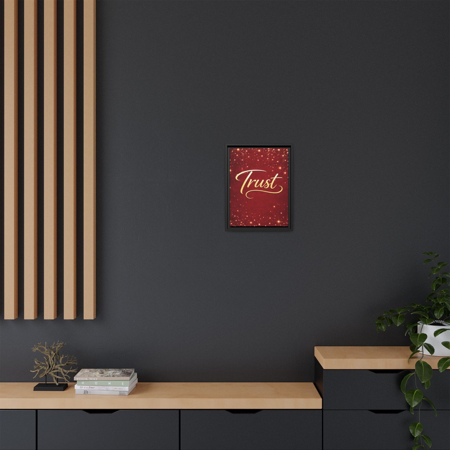 Trust Framed Canvas Wall Art — Gold Script on Sparkling Red Matte