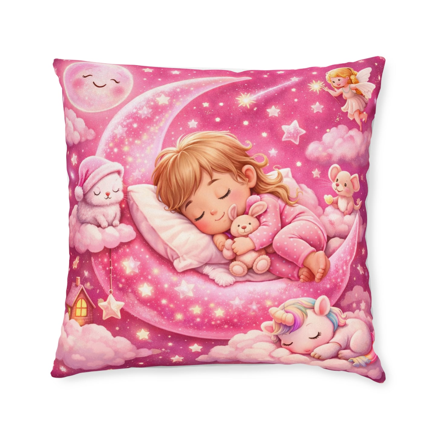 Sleeping Girl on Moon Pillow | Pink Nursery Decorative Pillow