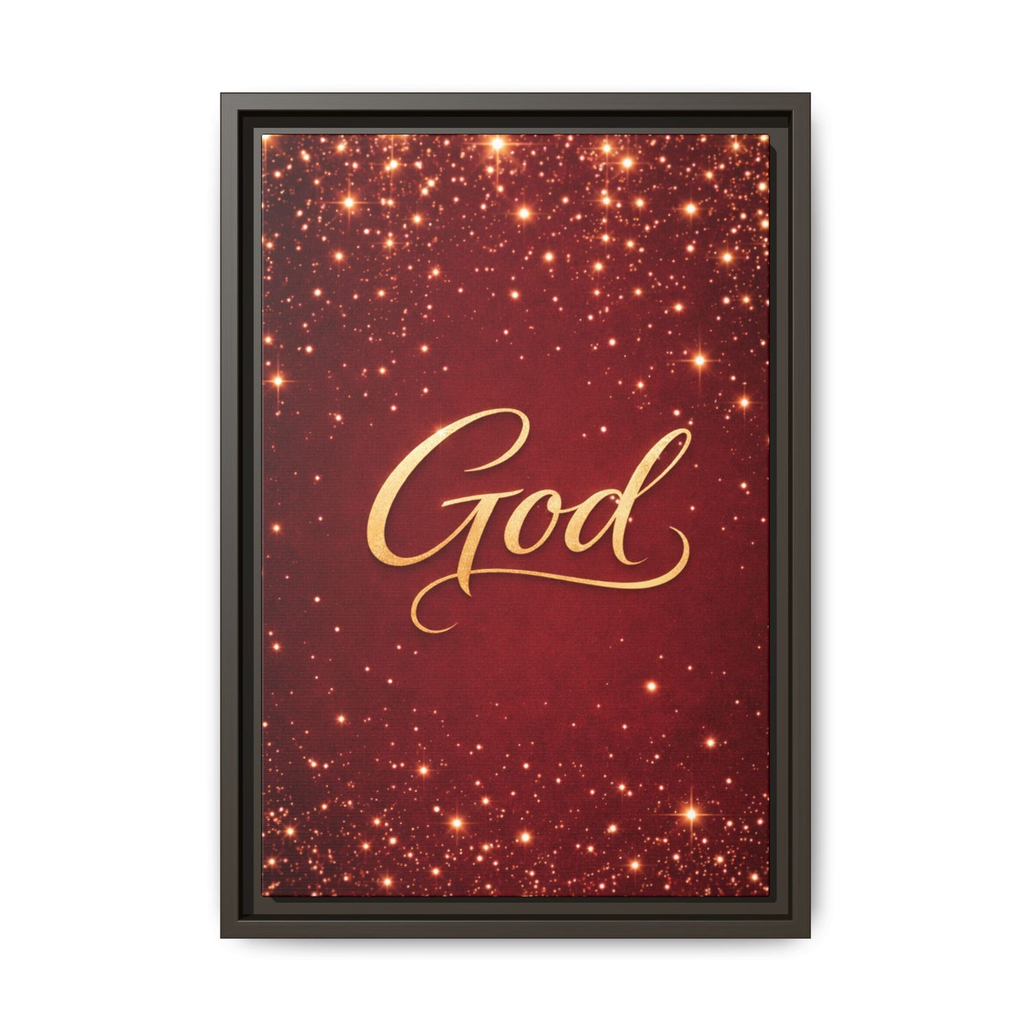 Framed Canvas Wall Art - "God" Gold Script on Red Sparkle Background