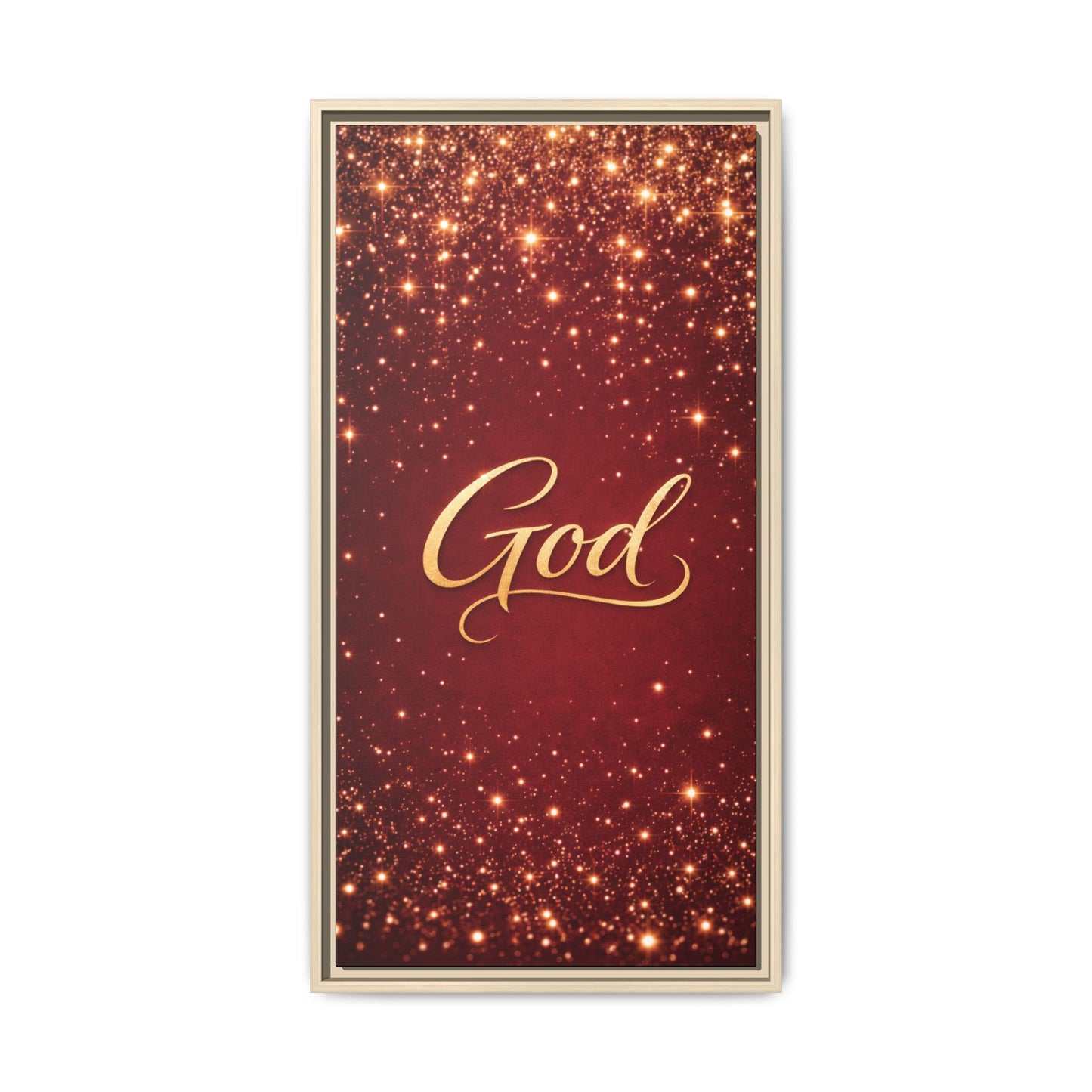 Framed Canvas Wall Art - "God" Gold Script on Red Sparkle Background