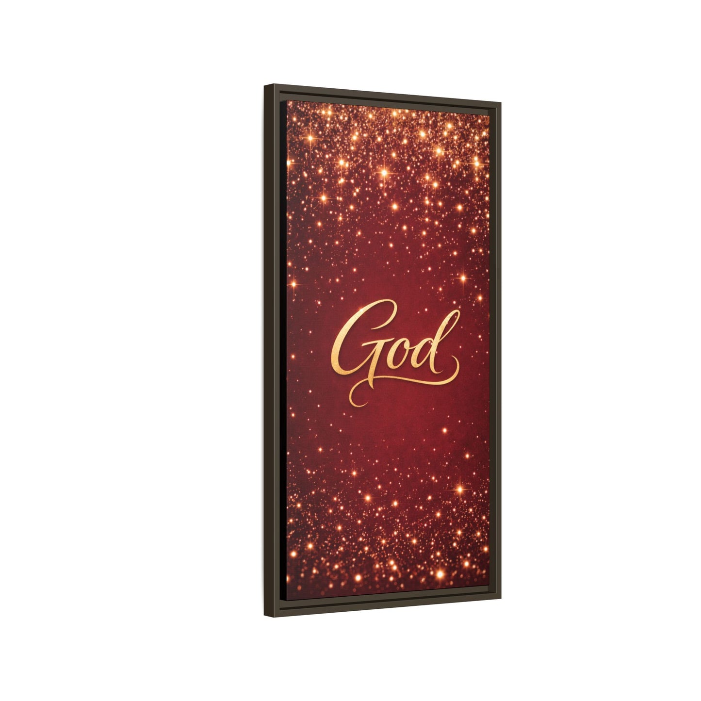 Framed Canvas Wall Art - "God" Gold Script on Red Sparkle Background