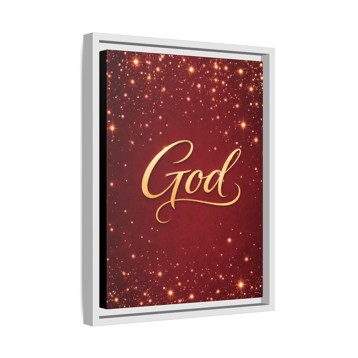 Framed Canvas Wall Art - "God" Gold Script on Red Sparkle Background