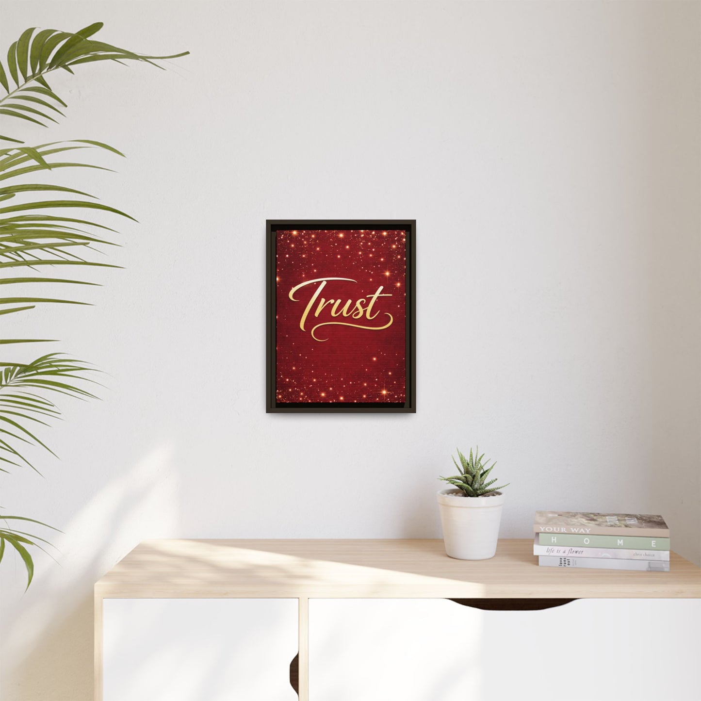 Trust Framed Canvas Wall Art — Gold Script on Sparkling Red Matte