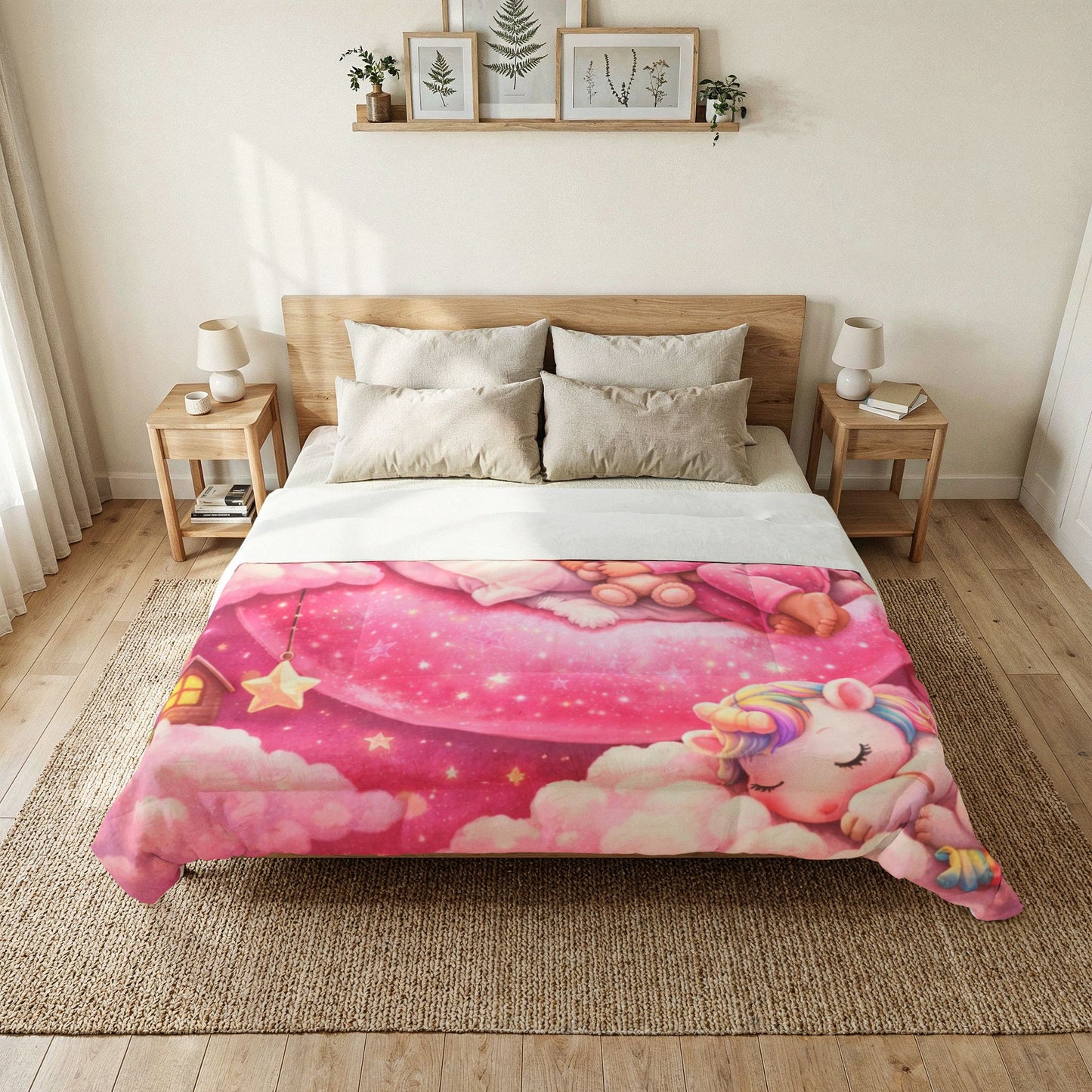 Sleeping Girl on Moon comforter | Pink Unicorn Cloud Nursery blanket