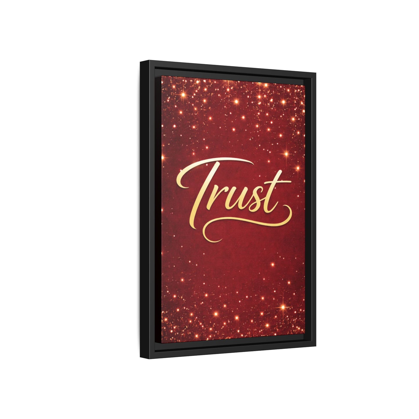 Trust Framed Canvas Wall Art — Gold Script on Sparkling Red Matte