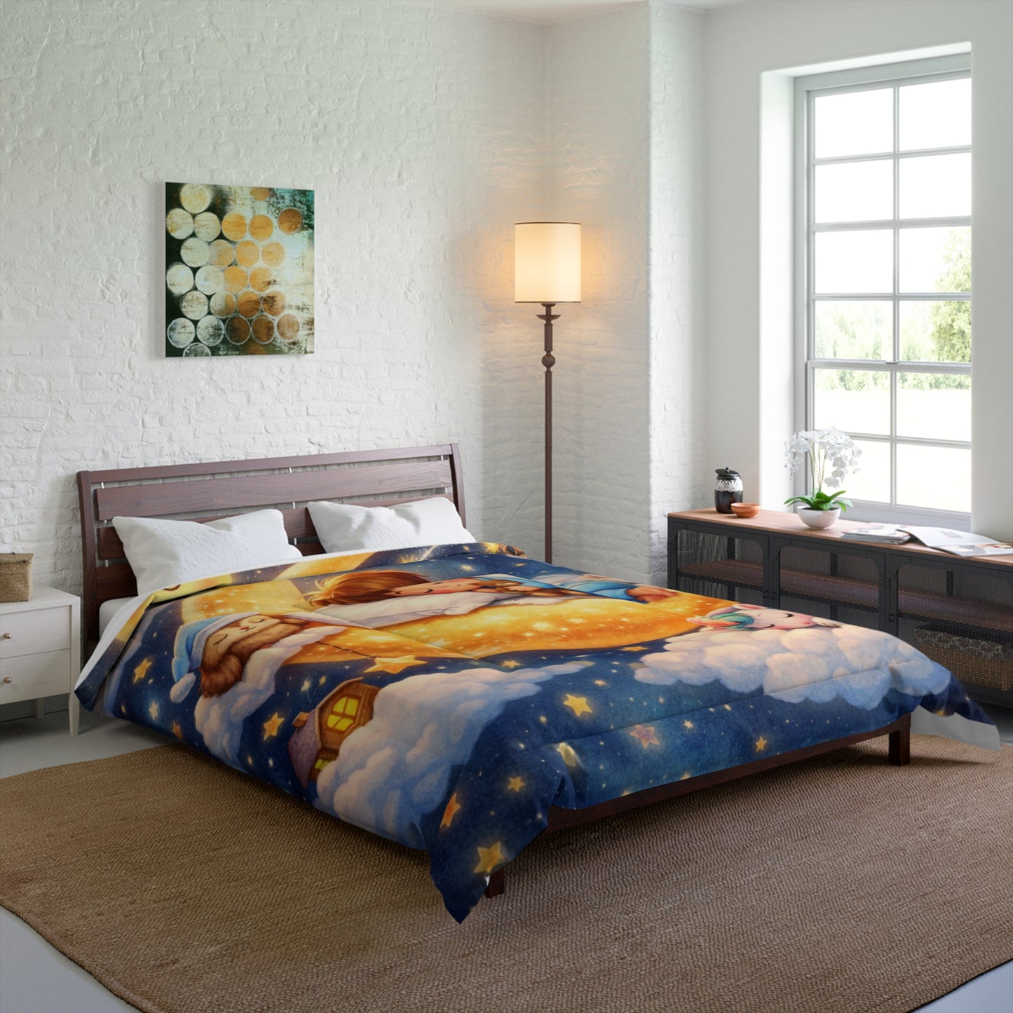 Sleeping Child on Moon comforter | Cute Nursery Starry Night Bedding