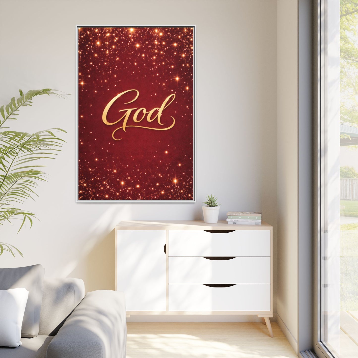 Framed Canvas Wall Art - "God" Gold Script on Red Sparkle Background