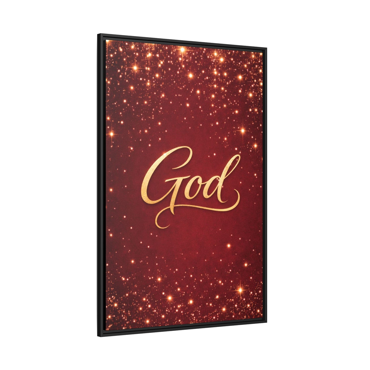 Framed Canvas Wall Art - "God" Gold Script on Red Sparkle Background