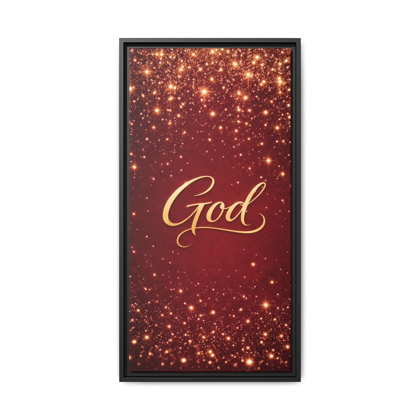 Framed Canvas Wall Art - "God" Gold Script on Red Sparkle Background