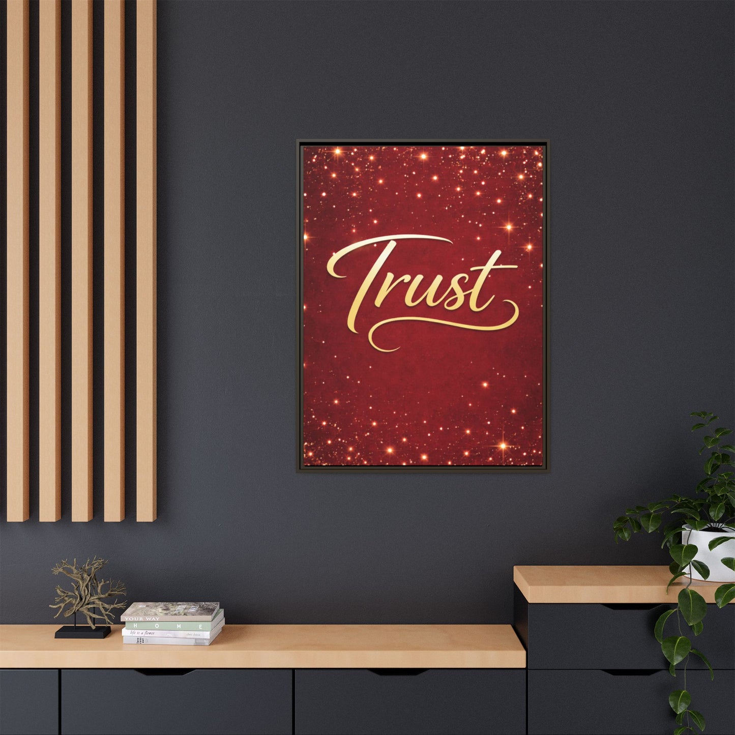 Trust Framed Canvas Wall Art — Gold Script on Sparkling Red Matte