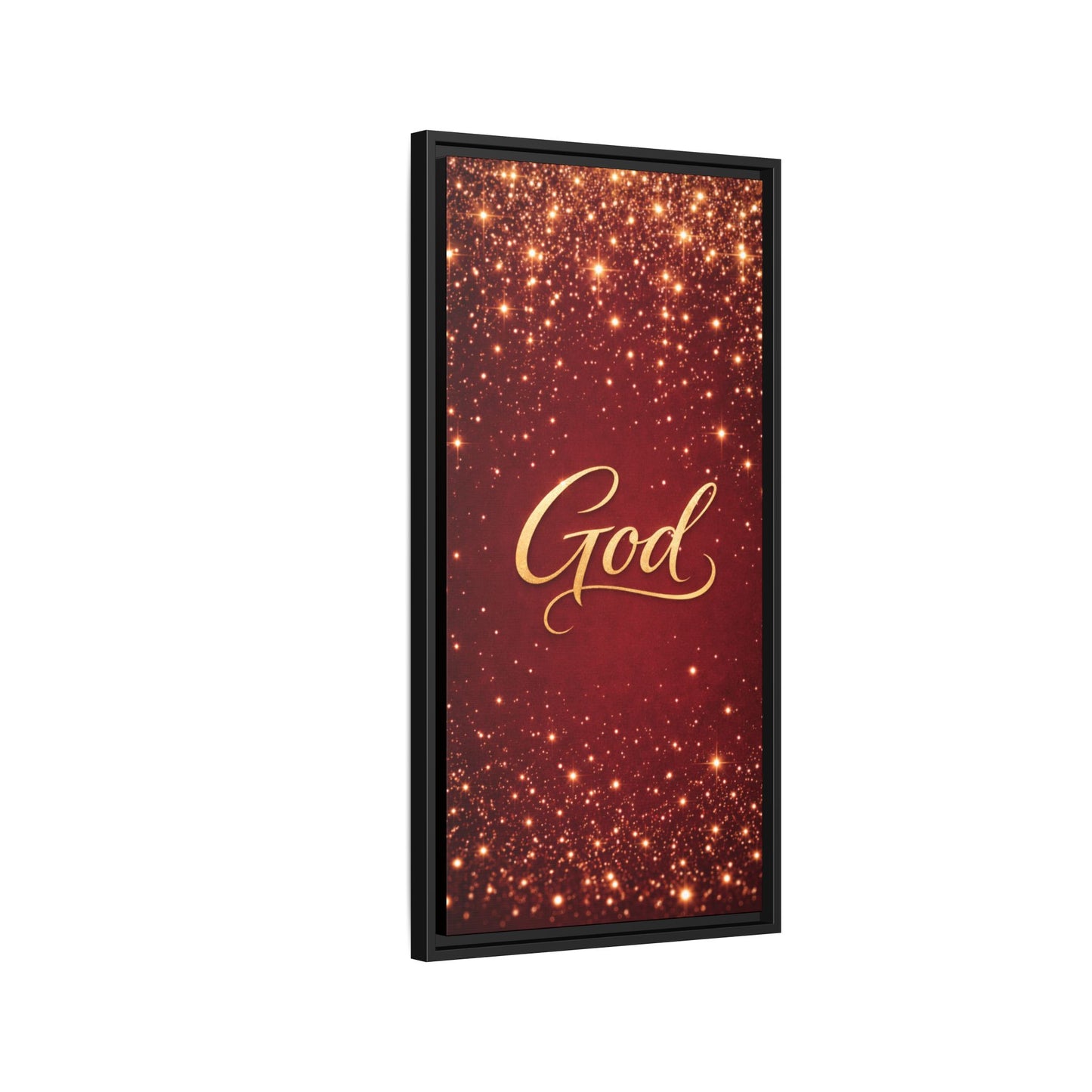 Framed Canvas Wall Art - "God" Gold Script on Red Sparkle Background