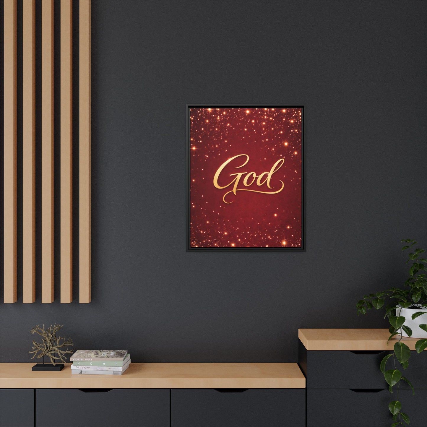 Framed Canvas Wall Art - "God" Gold Script on Red Sparkle Background