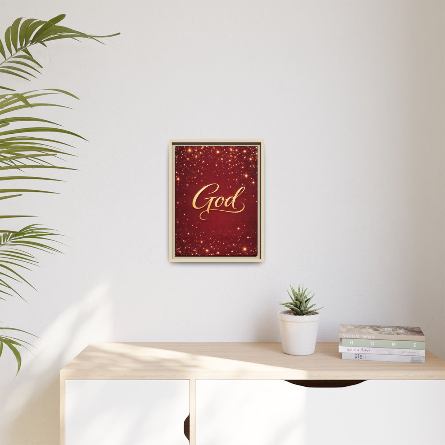 Framed Canvas Wall Art - "God" Gold Script on Red Sparkle Background