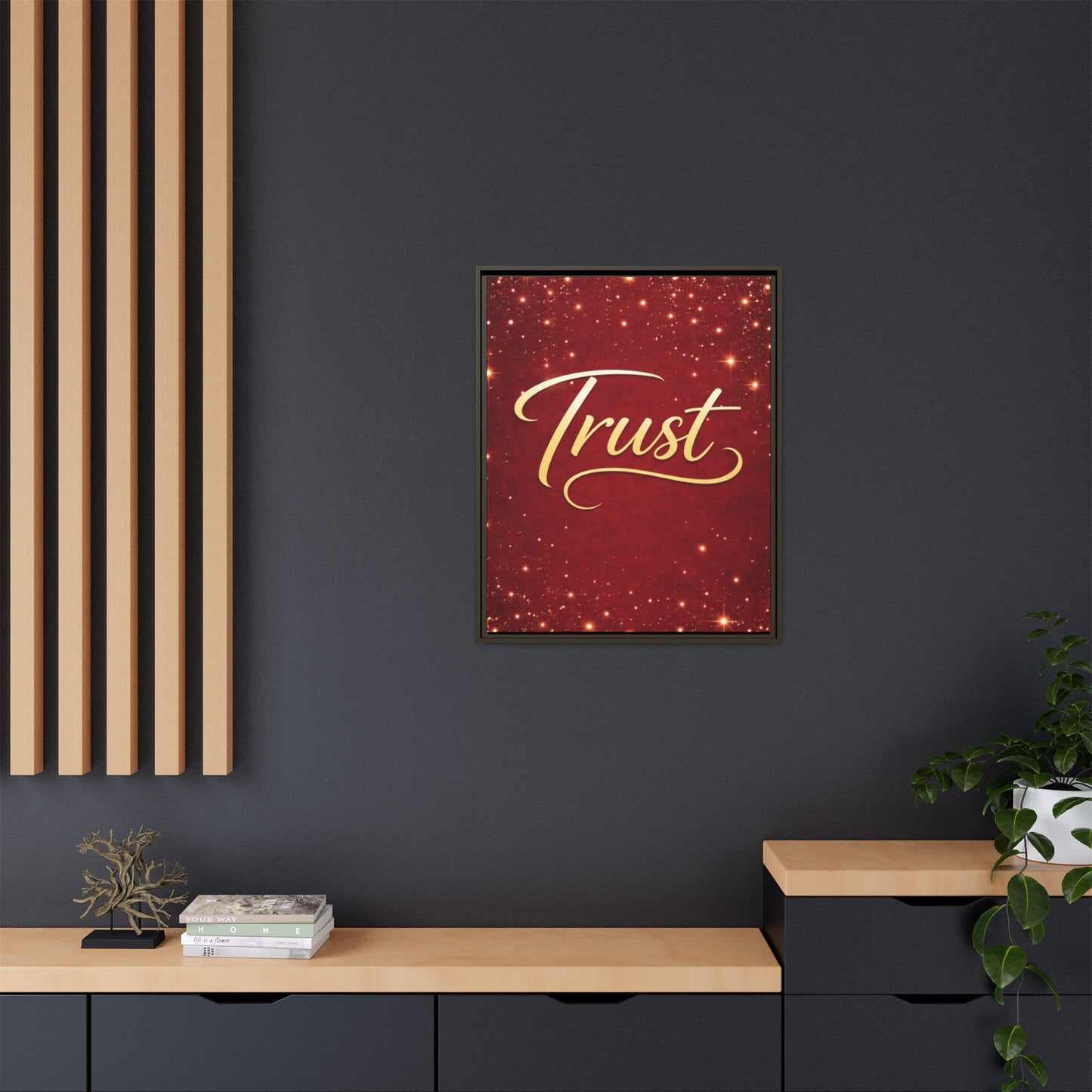 Trust Framed Canvas Wall Art — Gold Script on Sparkling Red Matte