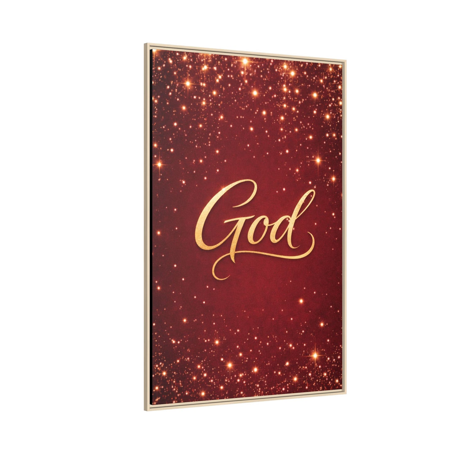 Framed Canvas Wall Art - "God" Gold Script on Red Sparkle Background