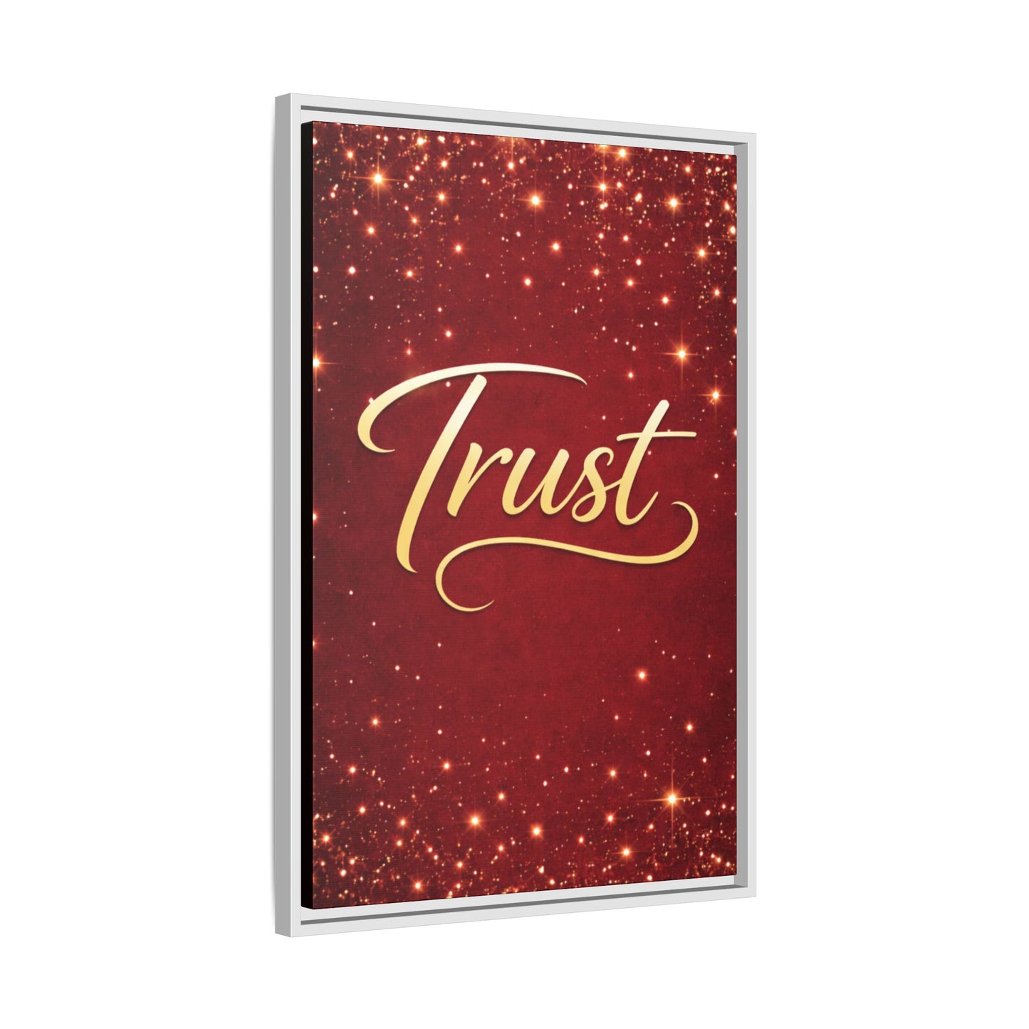 Trust Framed Canvas Wall Art — Gold Script on Sparkling Red Matte
