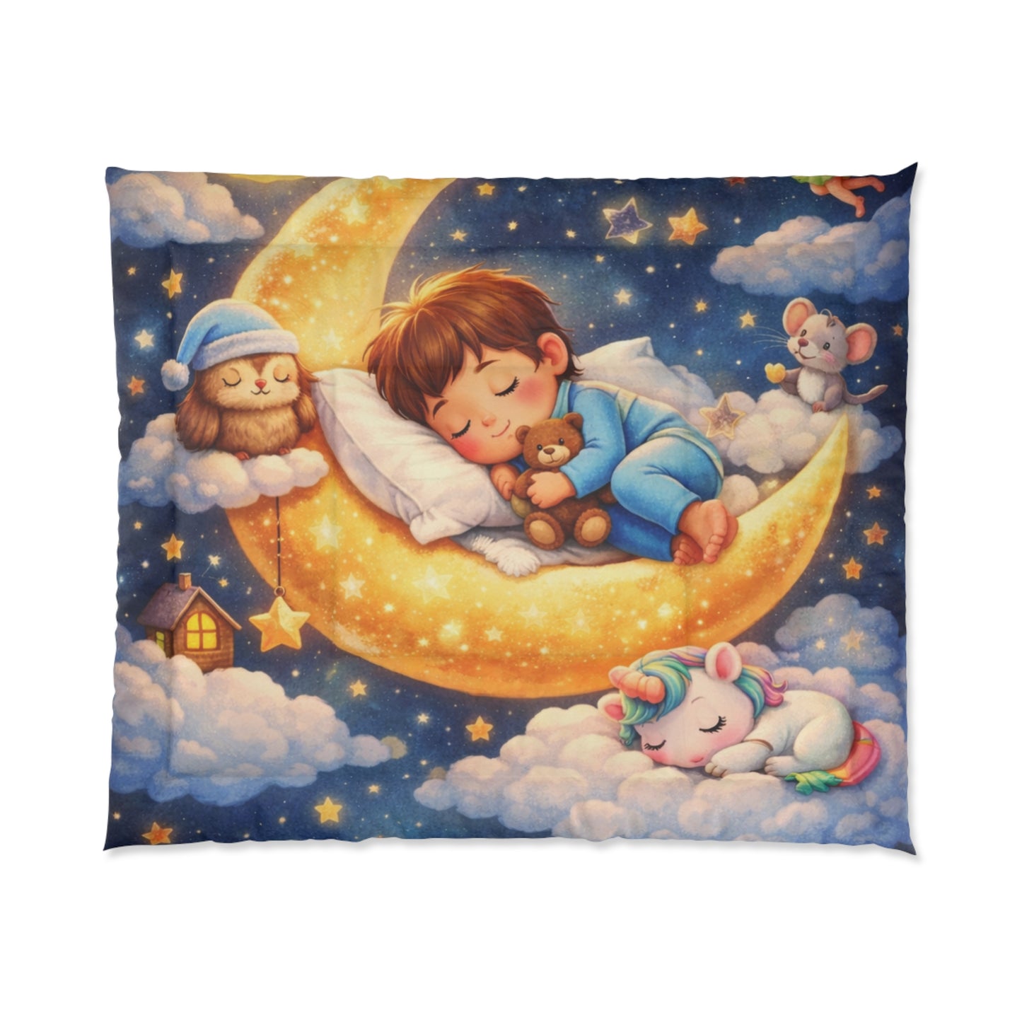 Sleeping Child on Moon comforter | Cute Nursery Starry Night Bedding