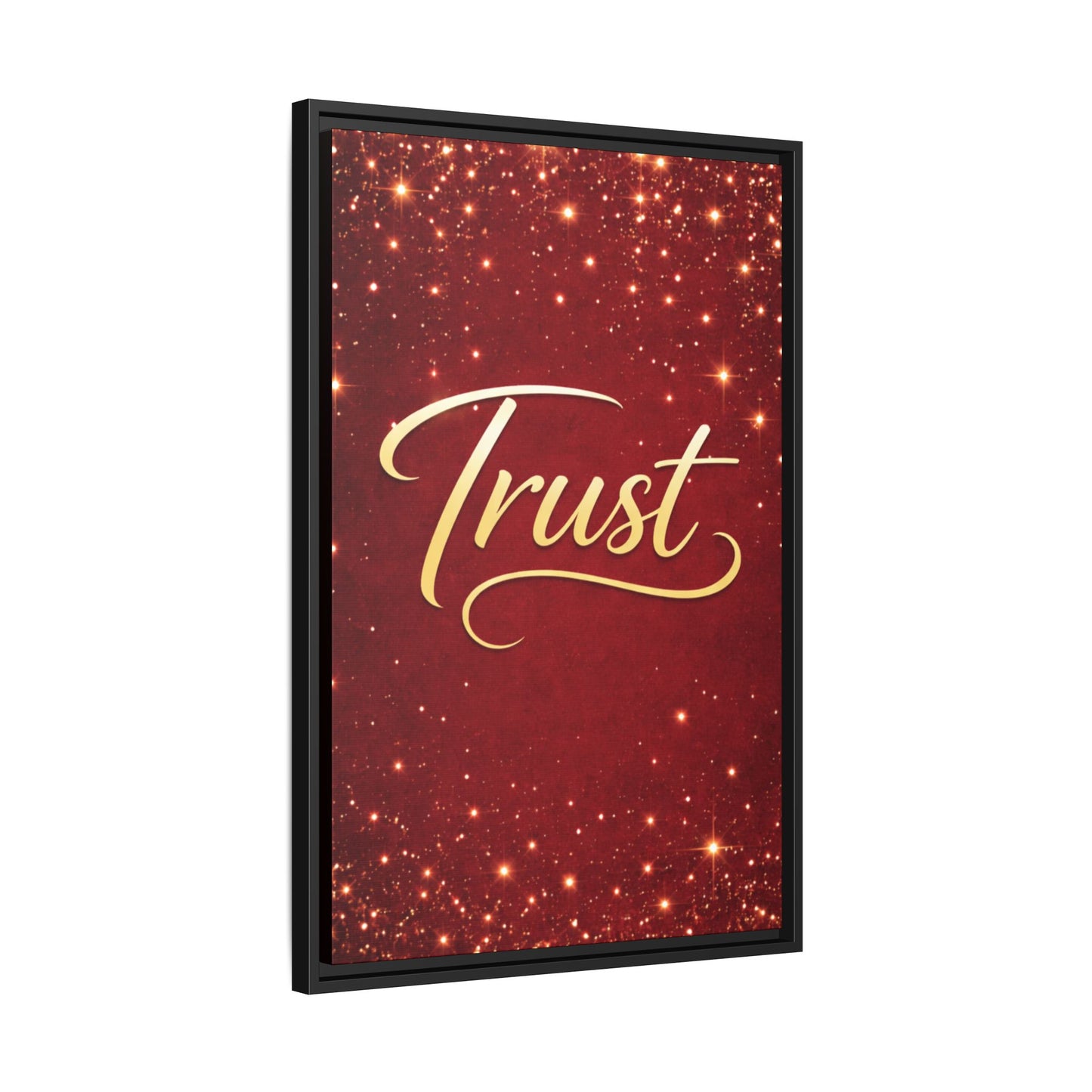 Trust Framed Canvas Wall Art — Gold Script on Sparkling Red Matte
