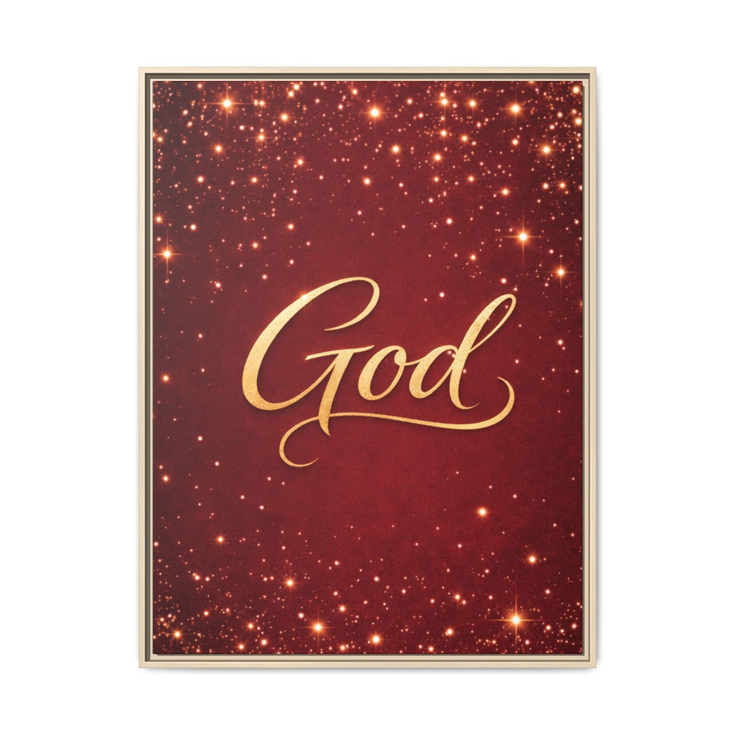 Framed Canvas Wall Art - "God" Gold Script on Red Sparkle Background