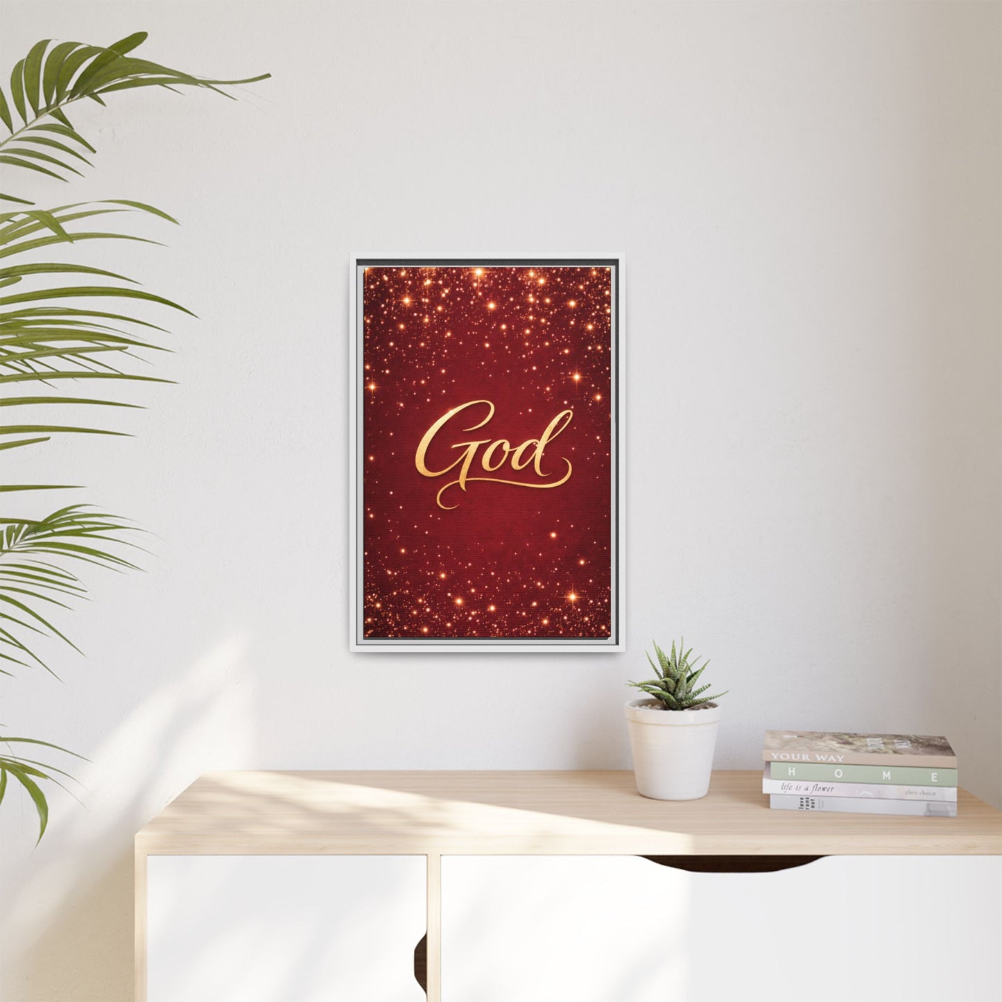 Framed Canvas Wall Art - "God" Gold Script on Red Sparkle Background