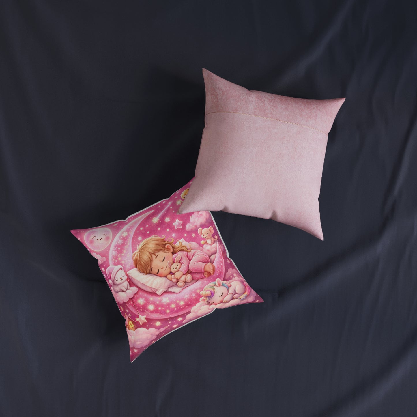 Sleeping Girl on Moon Pillow | Pink Nursery Decorative Pillow