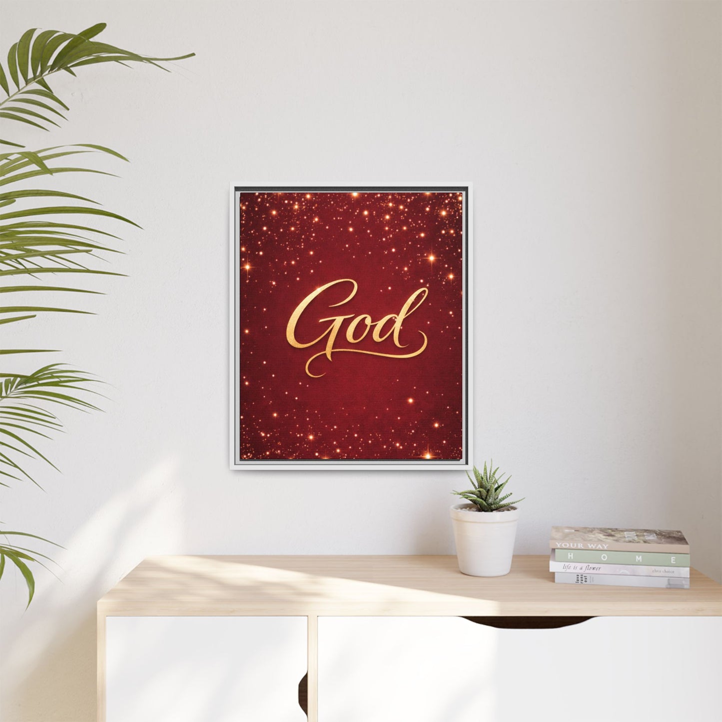 Framed Canvas Wall Art - "God" Gold Script on Red Sparkle Background