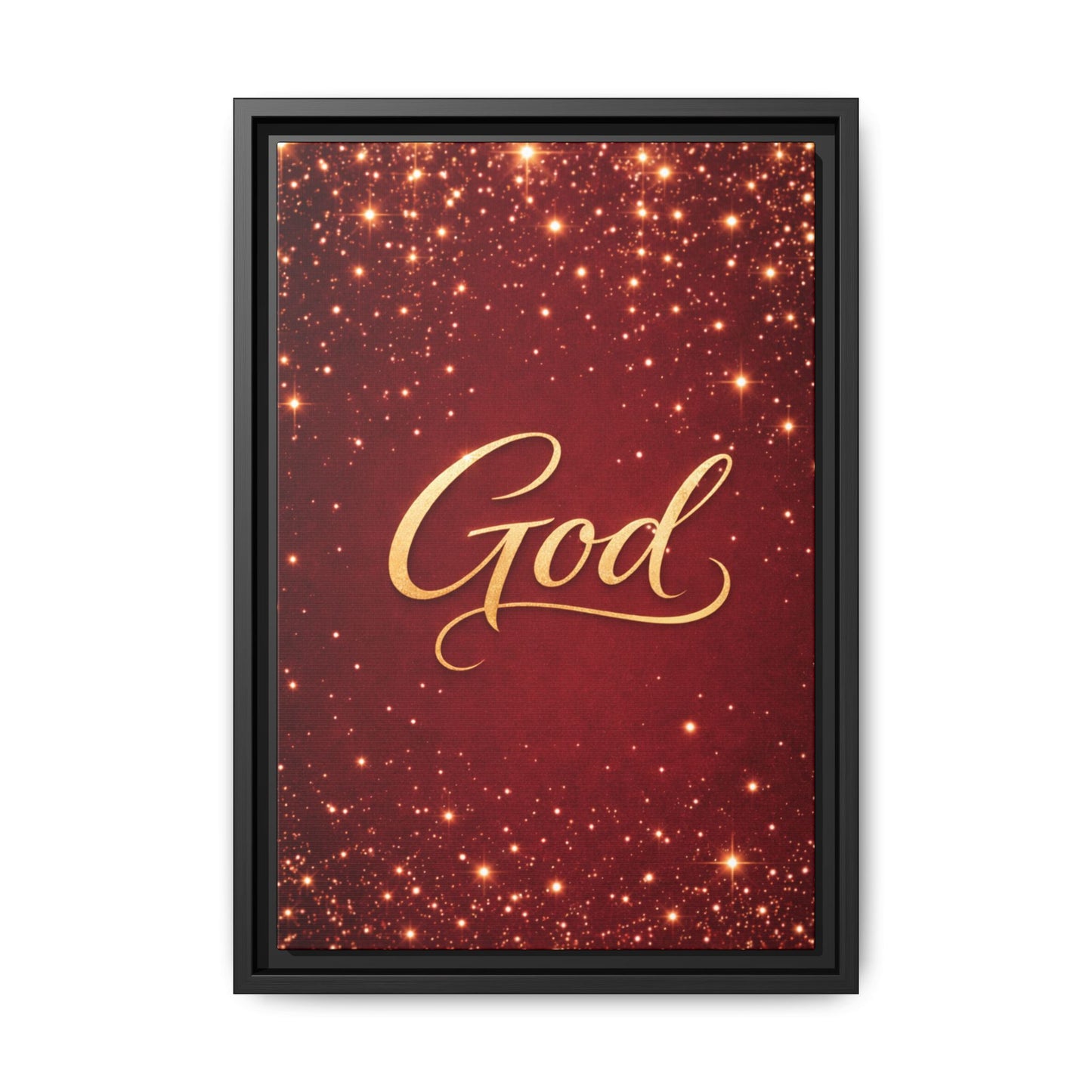Framed Canvas Wall Art - "God" Gold Script on Red Sparkle Background