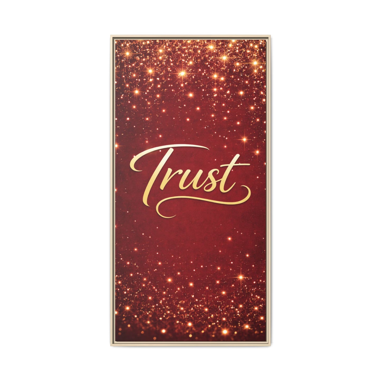 Trust Framed Canvas Wall Art — Gold Script on Sparkling Red Matte