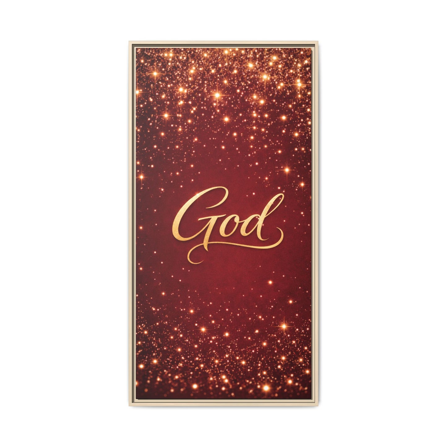 Framed Canvas Wall Art - "God" Gold Script on Red Sparkle Background