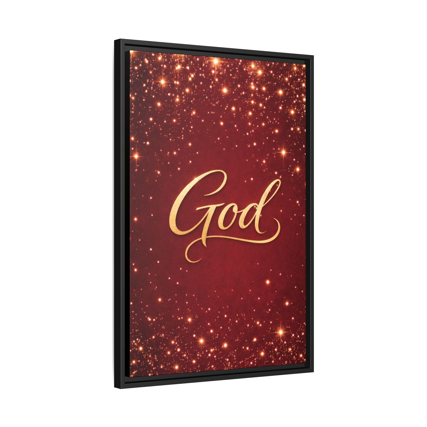 Framed Canvas Wall Art - "God" Gold Script on Red Sparkle Background