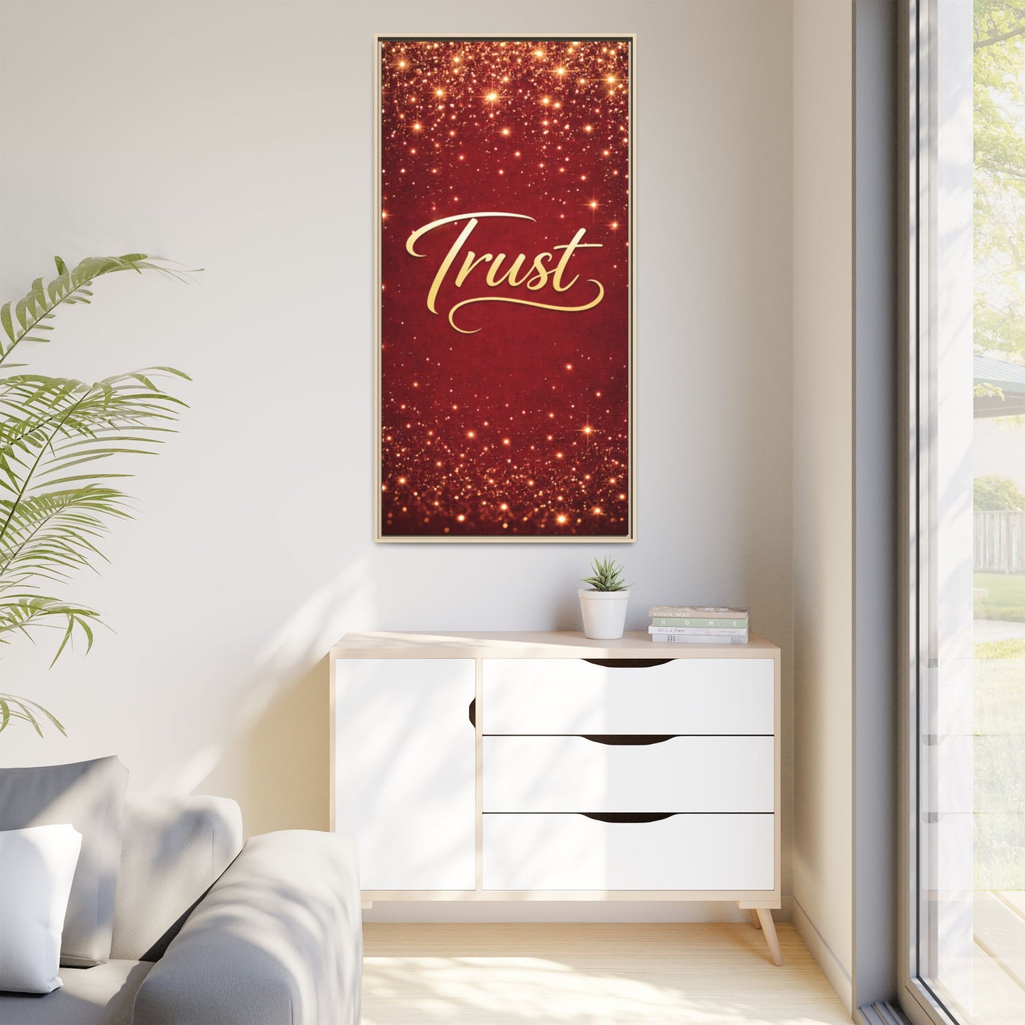 Trust Framed Canvas Wall Art — Gold Script on Sparkling Red Matte