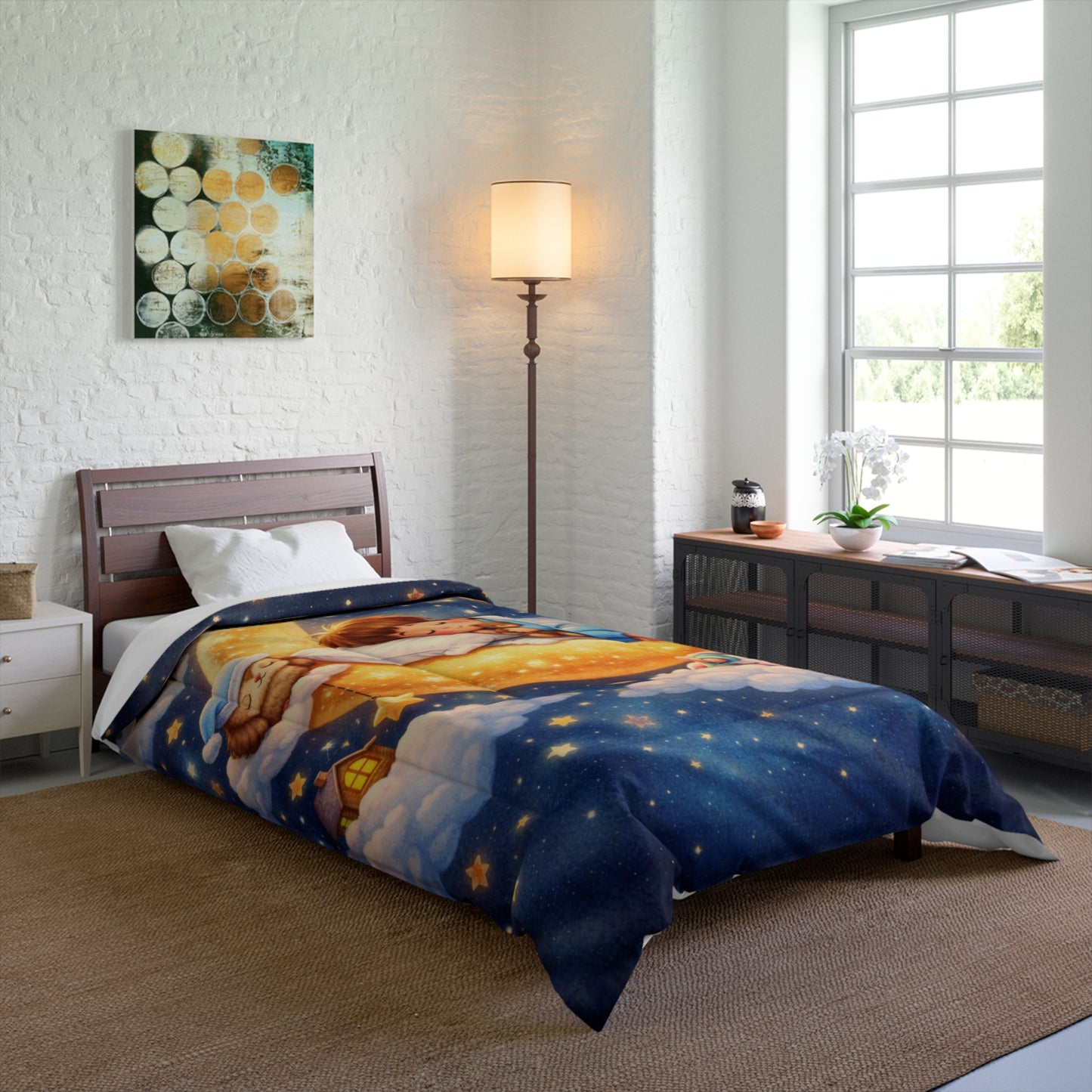 Sleeping Child on Moon comforter | Cute Nursery Starry Night Bedding