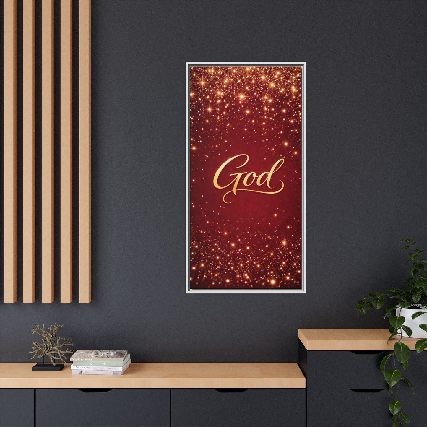 Framed Canvas Wall Art - "God" Gold Script on Red Sparkle Background