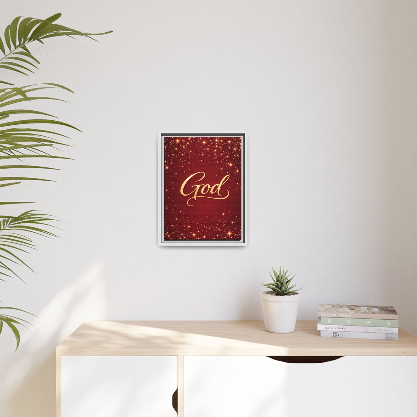 Framed Canvas Wall Art - "God" Gold Script on Red Sparkle Background