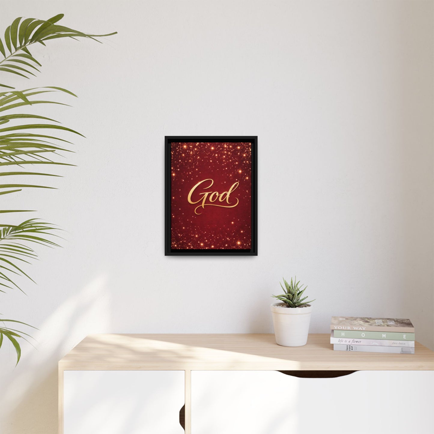 Framed Canvas Wall Art - "God" Gold Script on Red Sparkle Background