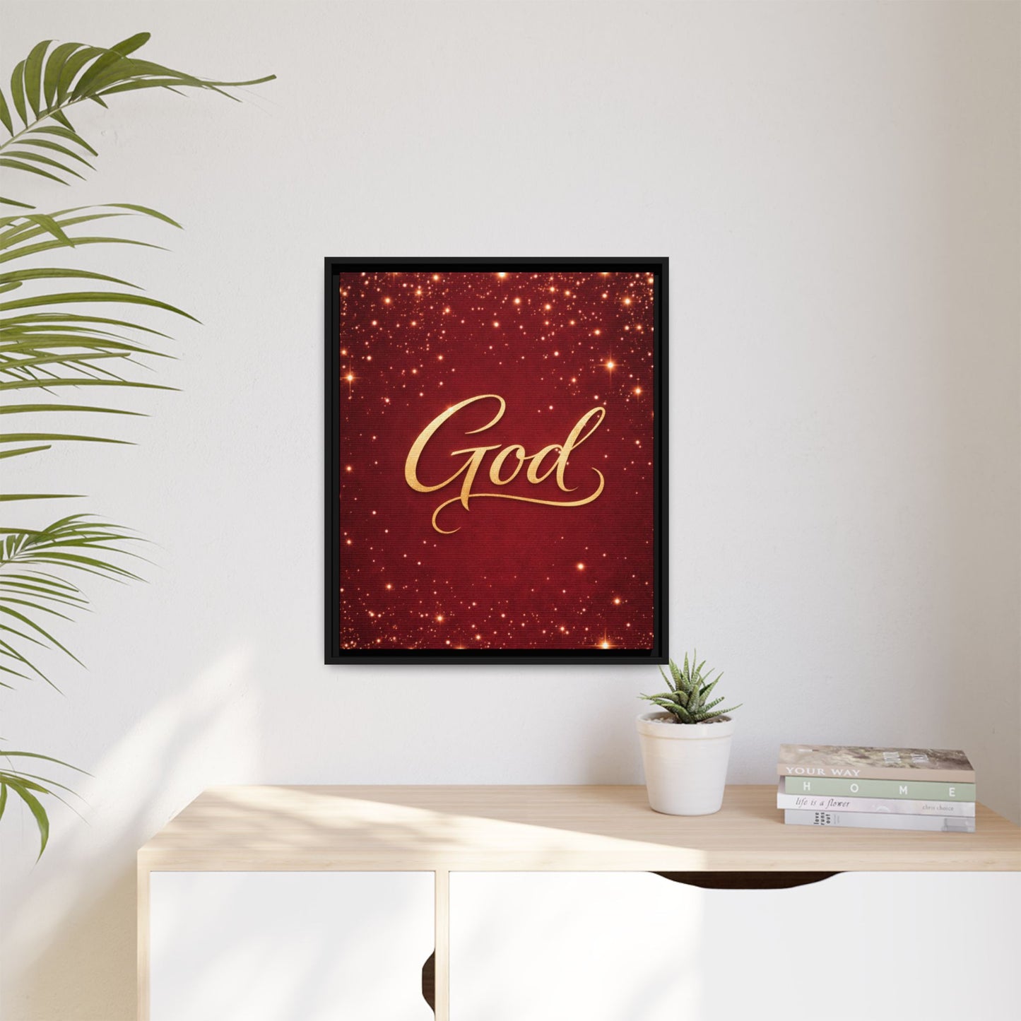 Framed Canvas Wall Art - "God" Gold Script on Red Sparkle Background