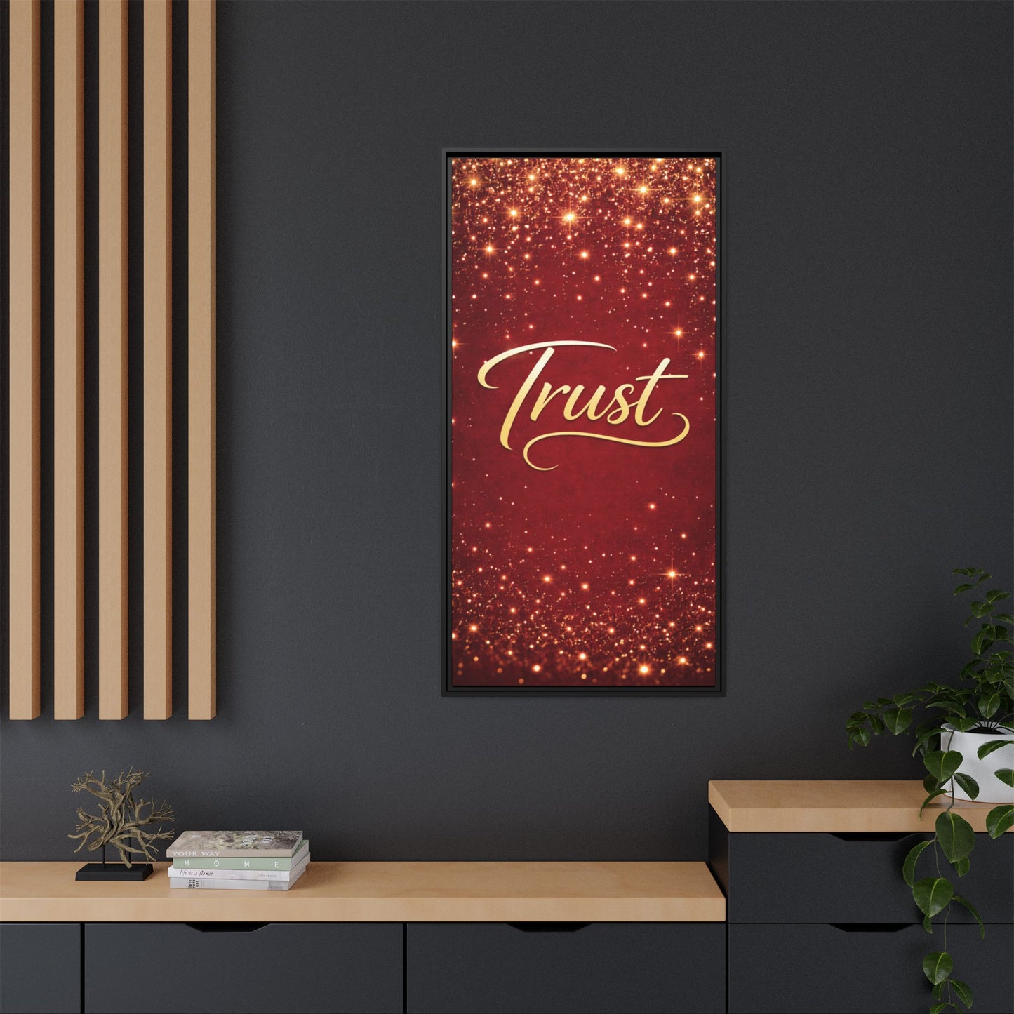 Trust Framed Canvas Wall Art — Gold Script on Sparkling Red Matte